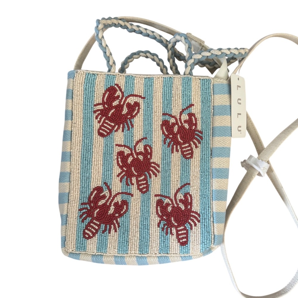 Viral Handcrafted Beaded Red Lobster Blue White Striped Tote Crossbody Bag NWT